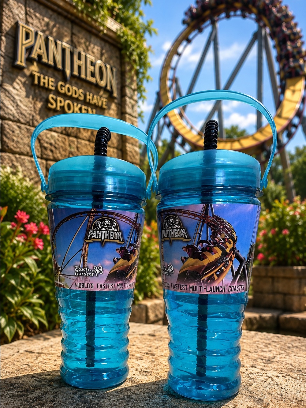 Busch Gardens Pantheon Roller Coaster Souvenir Cups Lot 2 Theme Park Tumblers
